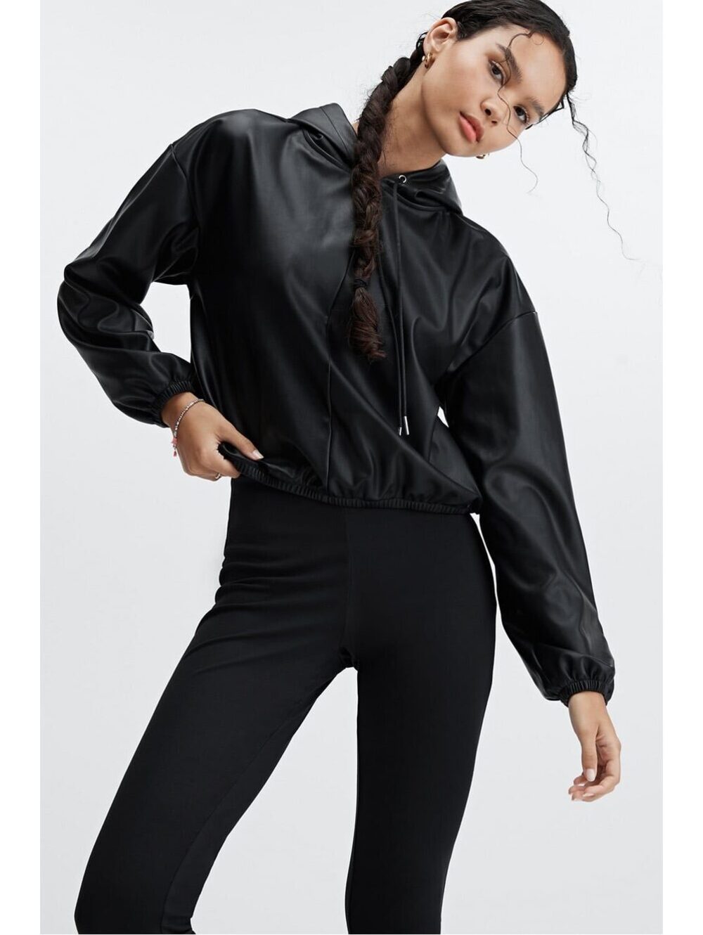 Fabletics Vegan Faux Leather Hoodie Black Cropped Size Medium